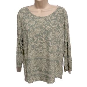 LUCKY BRAND Hi Low Long Sleeve Pullover Boho Green White Floral Top Womens Large